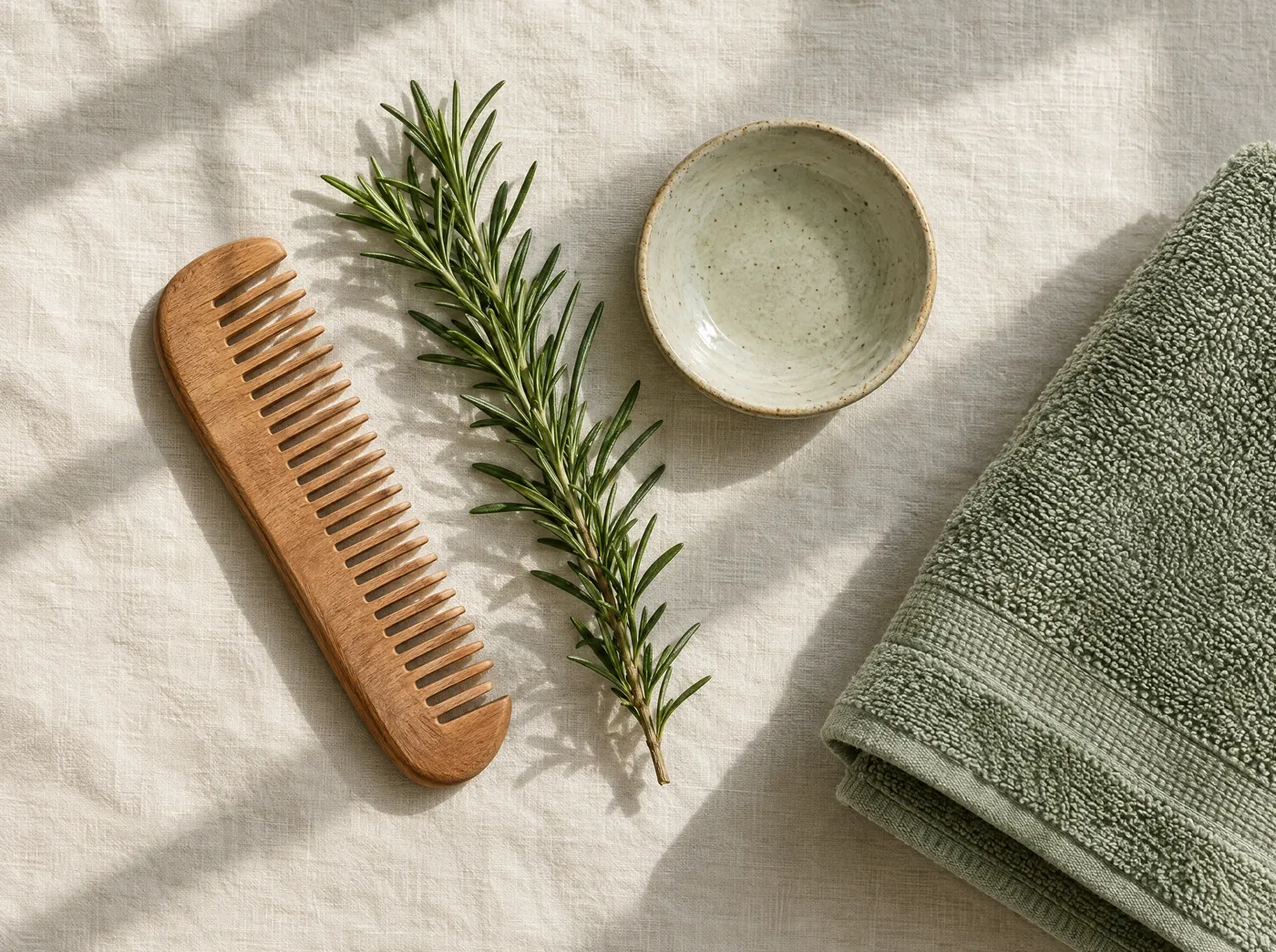 Wooden comb, rosemary sprig, ceramic dish and a folded sage towel on linen